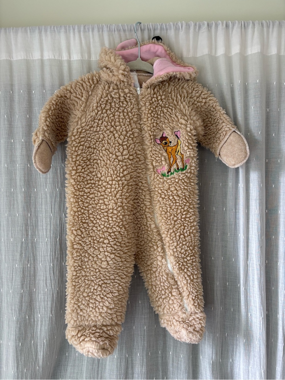 Vintage Sears Disney Bambi Beige Sherpa Baby One-Piece with Pink Lined Hood
